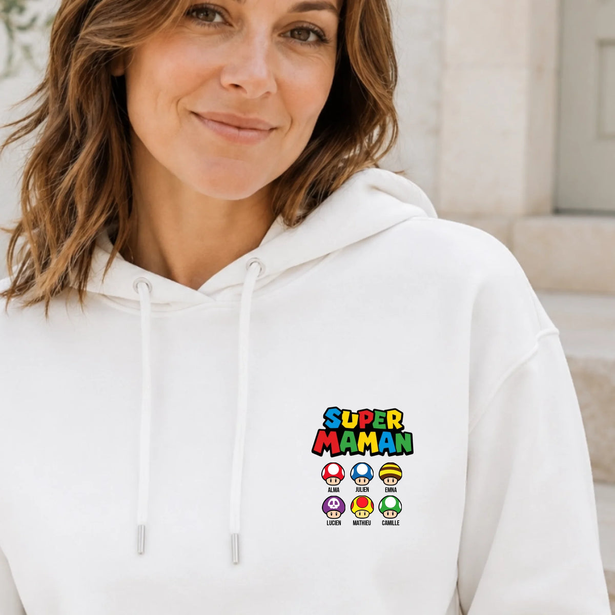Sweat à capuche Super Maman personnalisé – Prénoms des enfants
