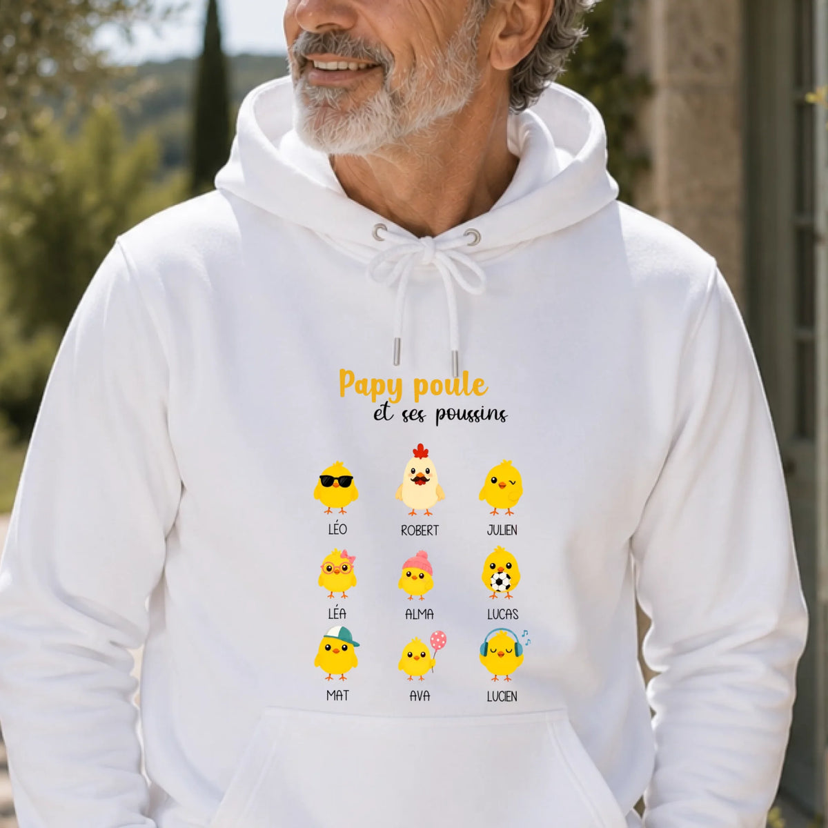 Sweat à capuche personnalisé papy - Papy poule et ses poussins