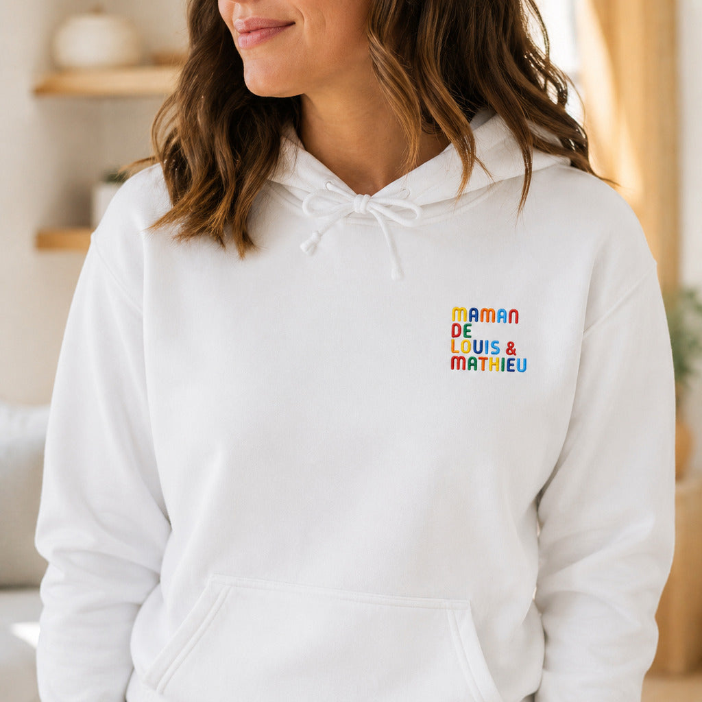 Sweat personnalisé Maman - Prénoms multicolore brodé