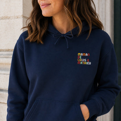 Sweat personnalisé Maman - Prénoms multicolore brodé