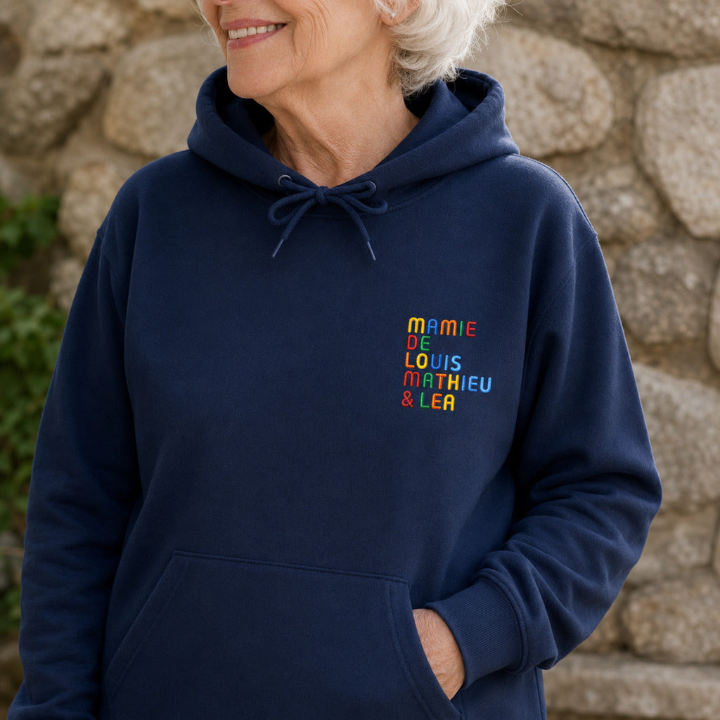 Sweat personnalisé Mamie - Prénoms multicolore brodé
