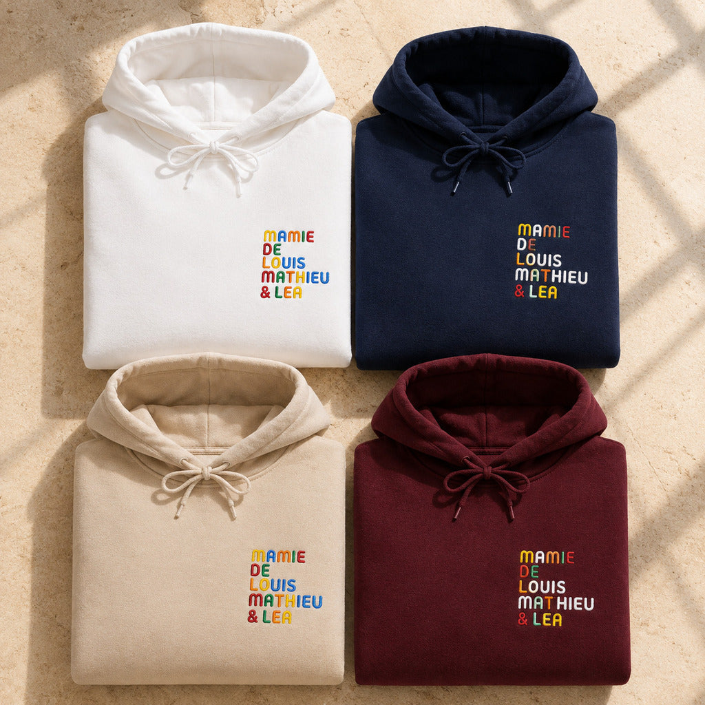 Sweat personnalisé Mamie - Prénoms multicolore brodé - flatlay multicolore 1
