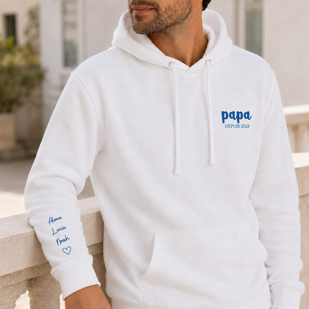 Sweat à capuche personnalisé papa brodé - Papa depuis et prénoms des enfants