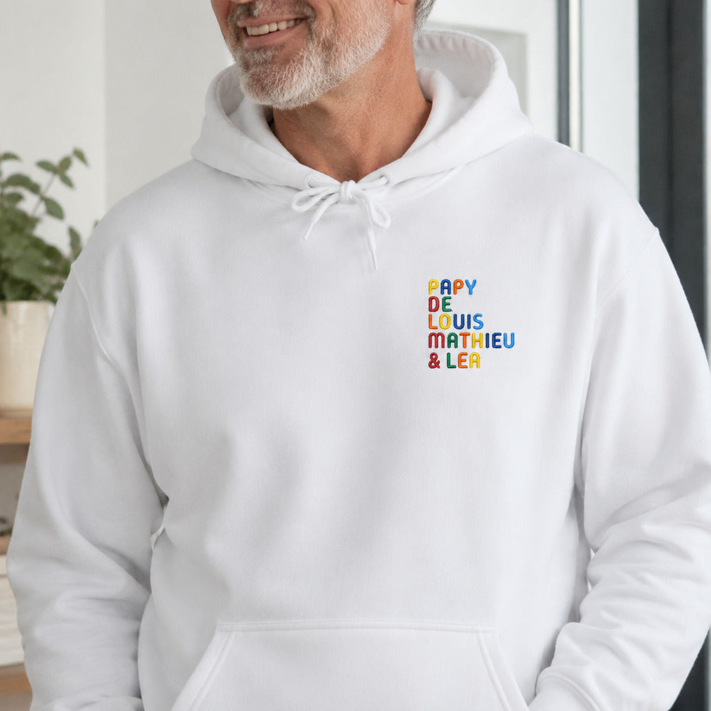 Sweat personnalisé Papy - Prénoms multicolore brodé