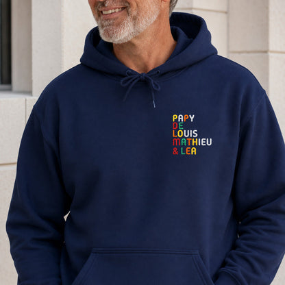 Sweat personnalisé Papy - Prénoms multicolore brodé