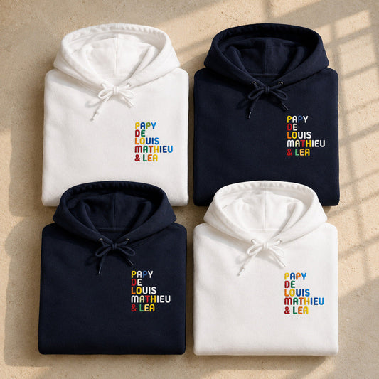 Sweat personnalisé Papy - Prénoms multicolore brodé - flatlay blanc et marine 1