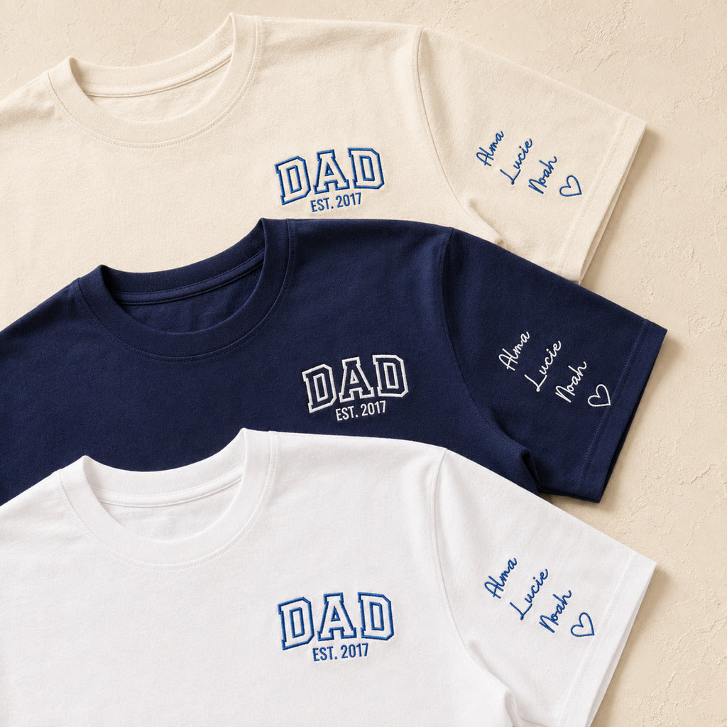 T-shirt brodé personnalisé DAD – flatlay trois coloris
