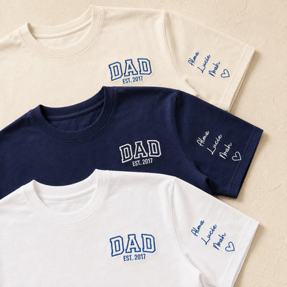 T-shirt brodé personnalisé DAD – flatlay trois coloris