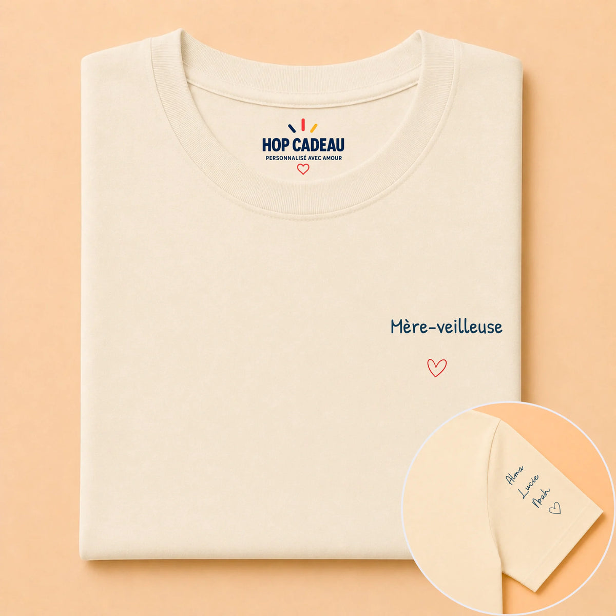 T-shirt Mère-veilleuse personnalisé – Cœur et prénoms – vue 12