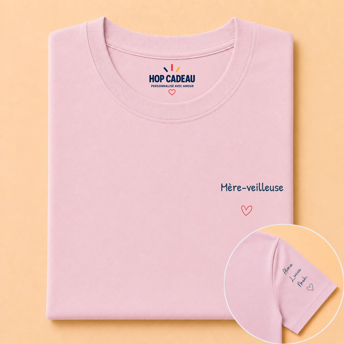 T-shirt Mère-veilleuse personnalisé – Cœur et prénoms – vue 9