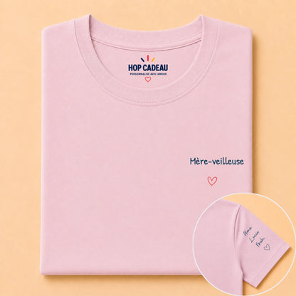 T-shirt Mère-veilleuse personnalisé – Cœur et prénoms – vue 9