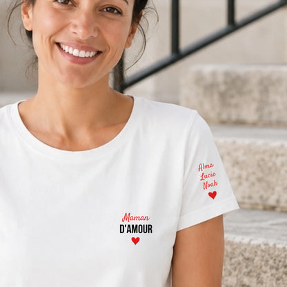 T-shirt Maman d’amour personnalisé – Cœurs et prénoms