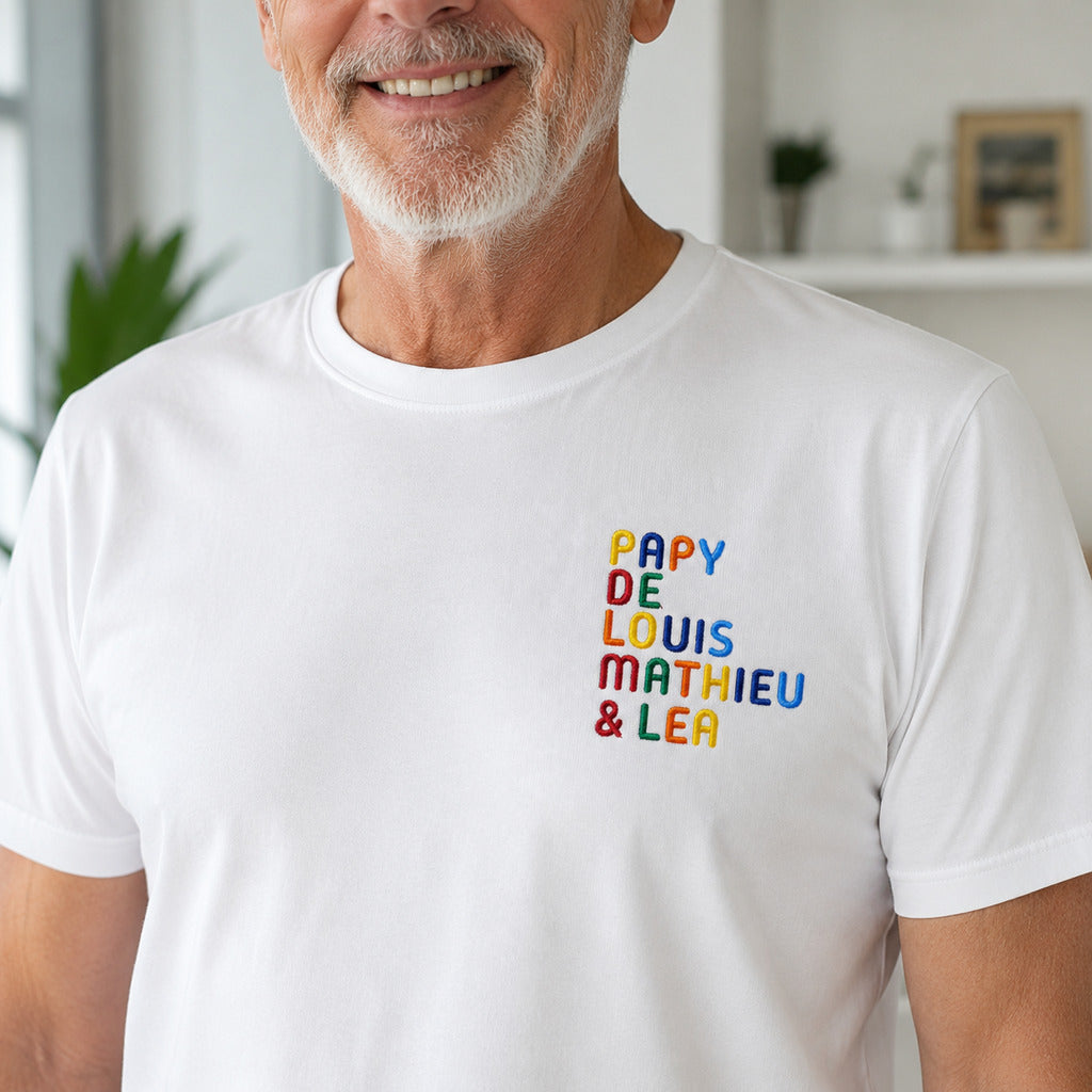 T-Shirt personnalisé Papy - Prénoms multicolore brodé
