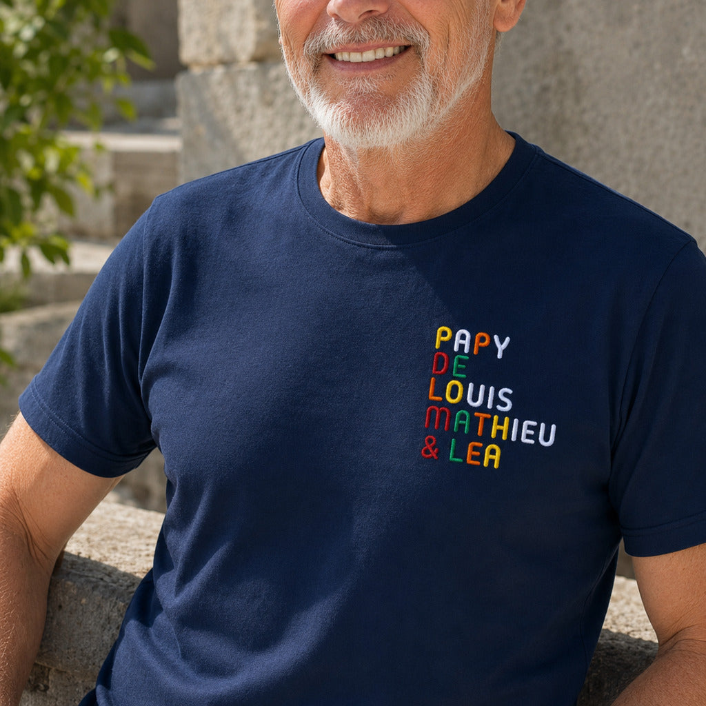 T-Shirt personnalisé Papy - Prénoms multicolore brodé