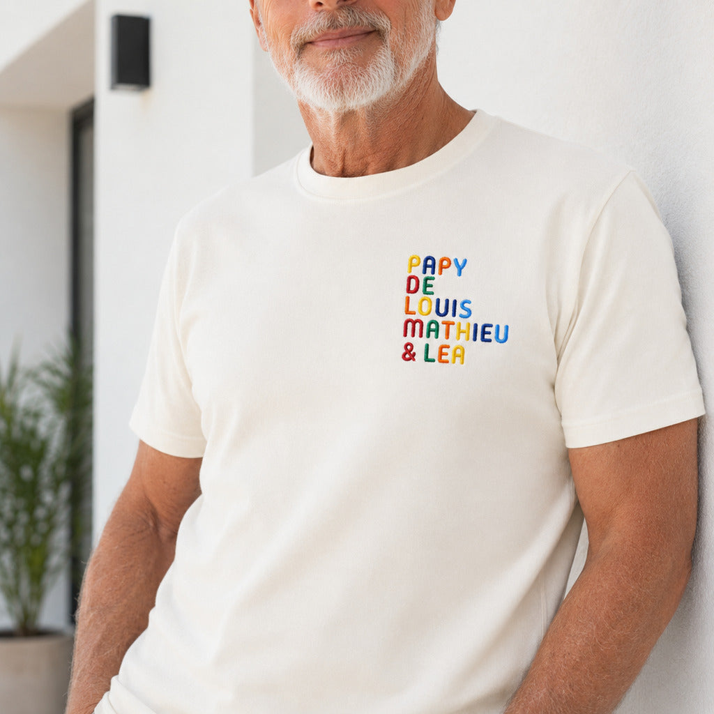T-Shirt personnalisé Papy - Prénoms multicolore brodé