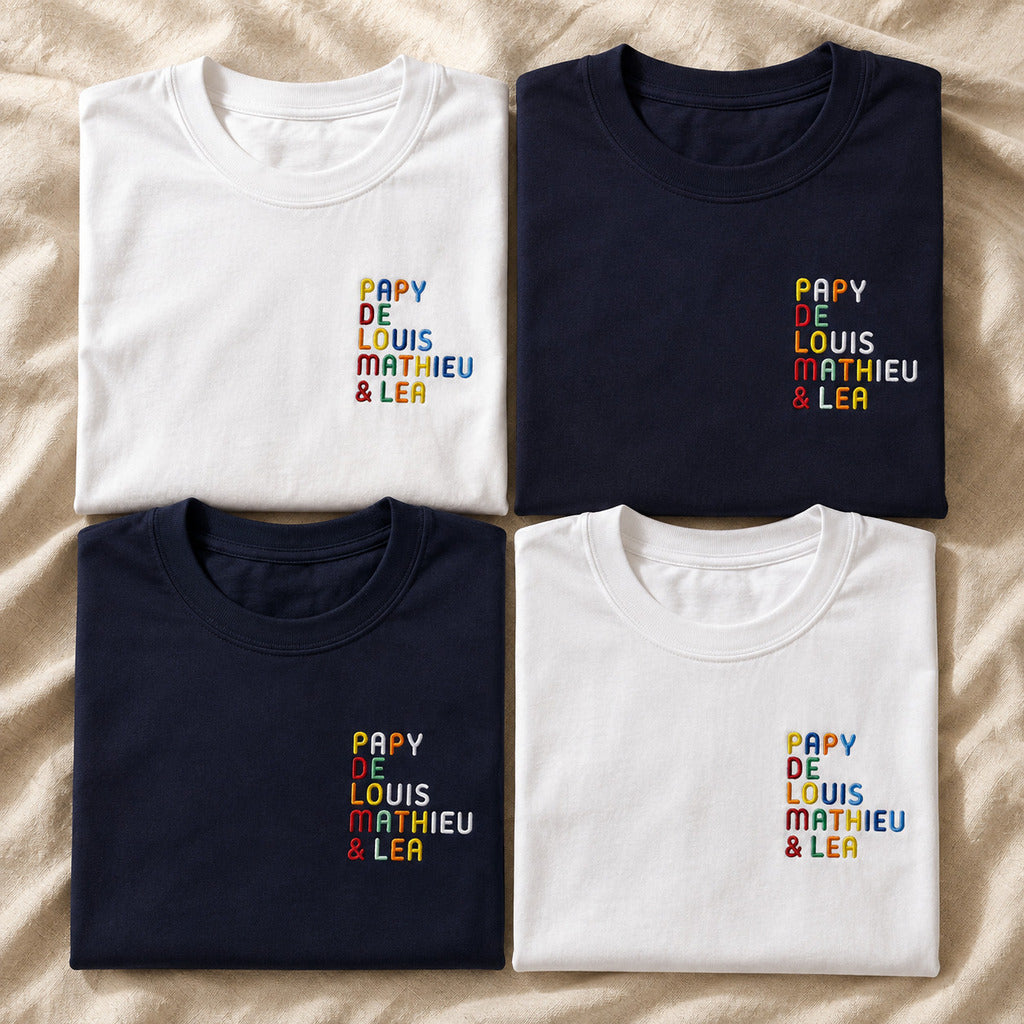T-Shirt personnalisé Papy - Prénoms multicolore brodé - flatlay blanc et marine 1