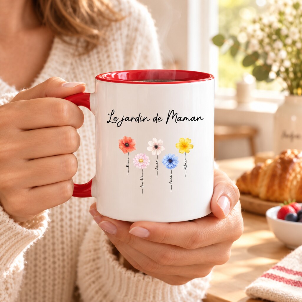Mug personnalisé maman - Le jardin de Maman en fleurs, mise en situation chaleureuse, mug au premier plan