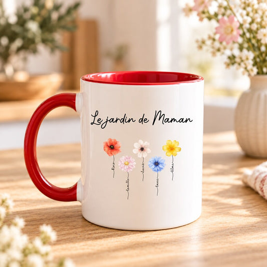Mug personnalisé maman - Le jardin de Maman en fleurs, vue produit rapprochée, impression réaliste sur la céramique